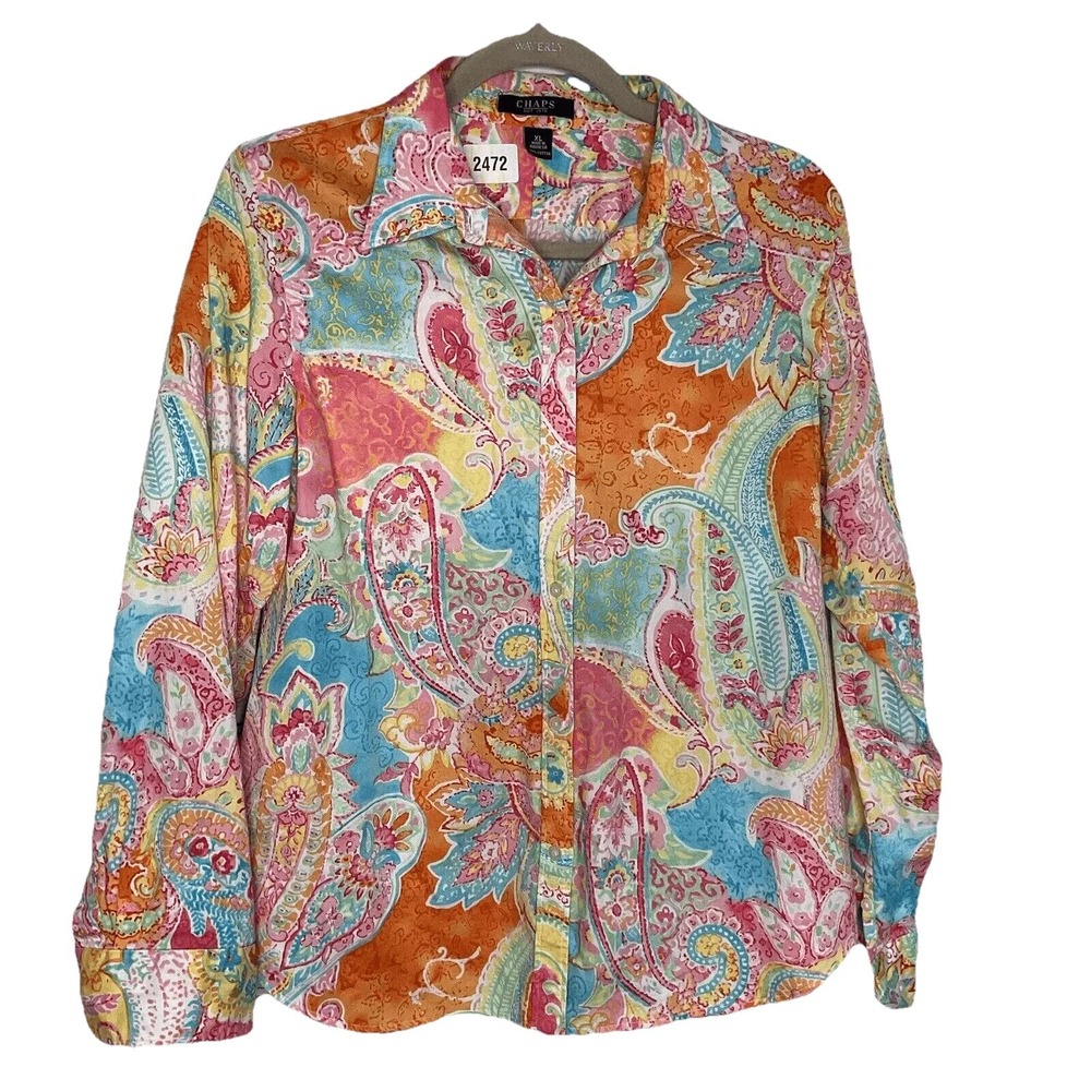 Chaps Shirt Women's Size XL Paisley Orange Long Sleeve Button Up Blouse Artsy